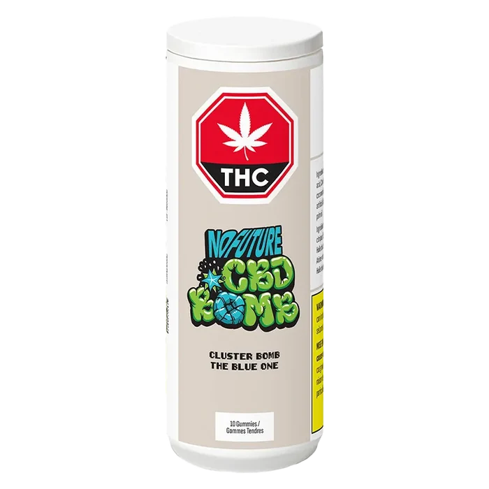 Tall front-facing white bottle labeled "CBD Cluster Bomb - The Blue One Gummies" with colorful graffiti logo and a red THC stop sign emblem.