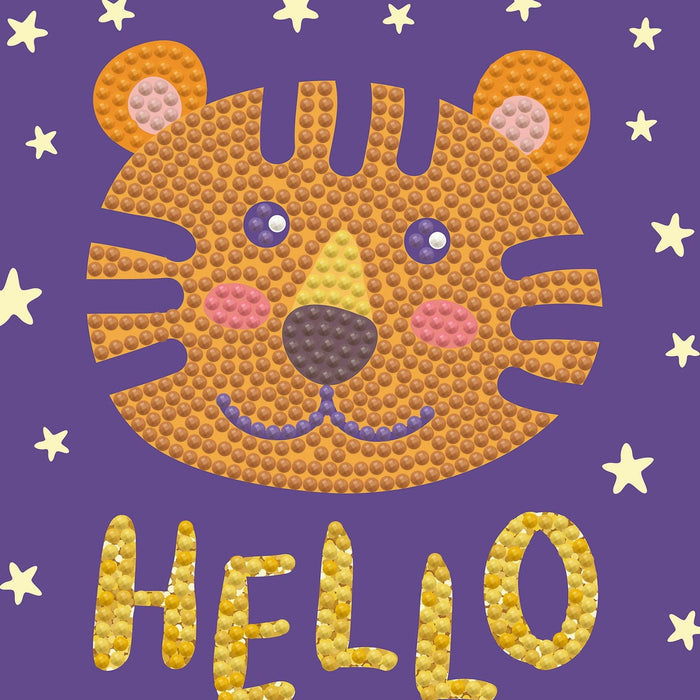 A playful, textured illustration of a smiling tiger’s face surrounded by yellow stars on purple, with "HELLO" below—Diamond Dotz Hello Tiger by Diamond Dotz is perfect for all ages as a diamond art or dotting kit craft project.