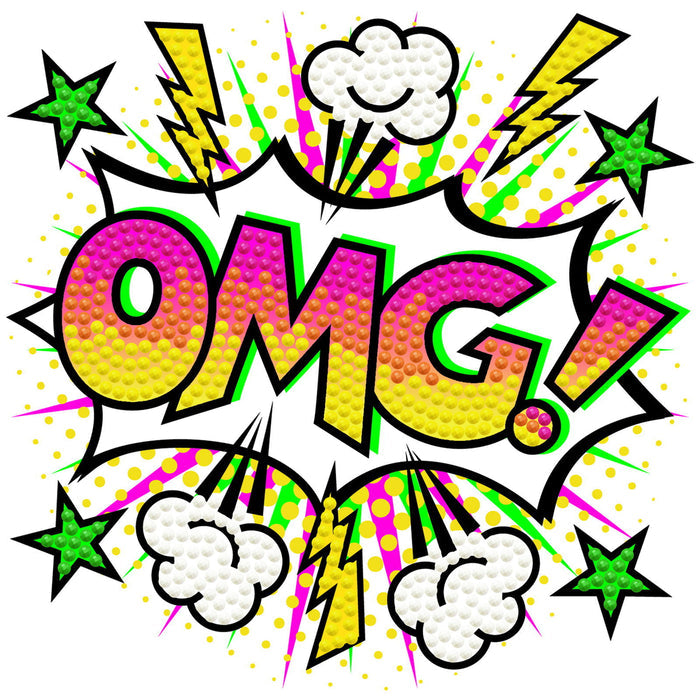 The Diamond Dotz OMG! kit by Diamond Dotz features a comic-style OMG! in bold colors with lightning bolts, green stars, clouds, and yellow dots on white—perfect inspiration for pop-art crafts or your next diamond dotting project.