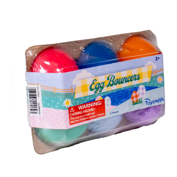 Toysmithโs Egg Bouncer 6-pack includes six colorful, egg-shaped bouncy balls in a clear plastic carton, ideal for Easter baskets or egg hunts. Warning: Choking hazardโsmall parts. Not for children under 3 years old.