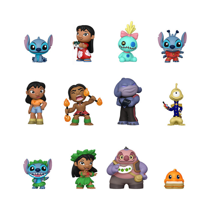 Funko Mystery Minis: Lilo & Stitch by Funko includes twelve playful vinyl figures of Stitch, Lilo, Scrump, and more, arranged in three rows—ideal for collectors and fans of blind box surprises.