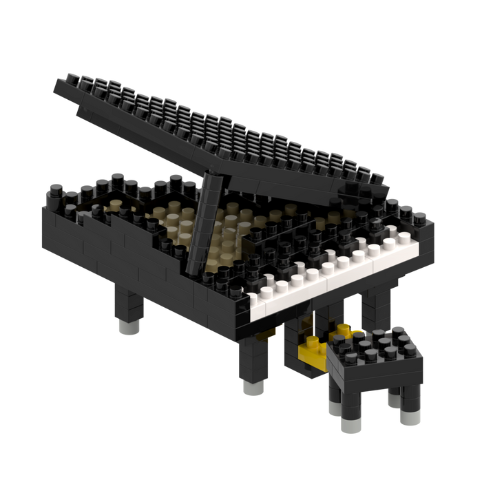 The Brixies Large Zip Bag Piano Black is a 3D grand piano model built from black, white, and yellow bricks with an open lid and small bench—perfect as a unique collector's piano set, displayed on a plain white background.
