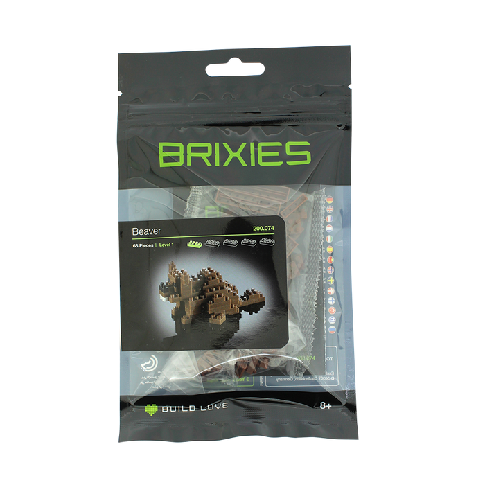 A sealed Brixies Small Zip Bag Beaver kit includes 68 micro-bricks to build a Level 1 3D beaver. The black package with green text shows the finished collectible model on the front.