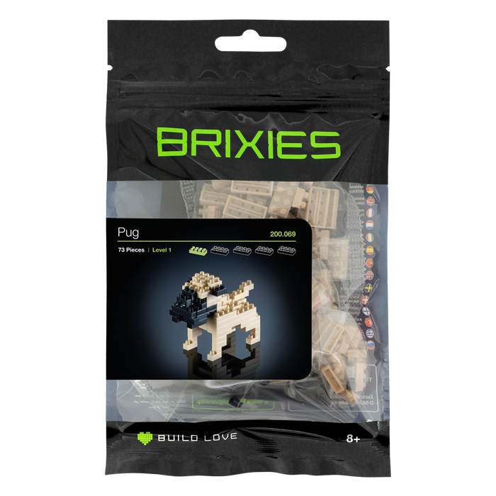 The Brixies Small Zip Bag Pug contains 73 micro-bricks to build a 3D pug model, shown on the front label. Perfect for dog lovers ages 8+, it comes in black and green packaging.