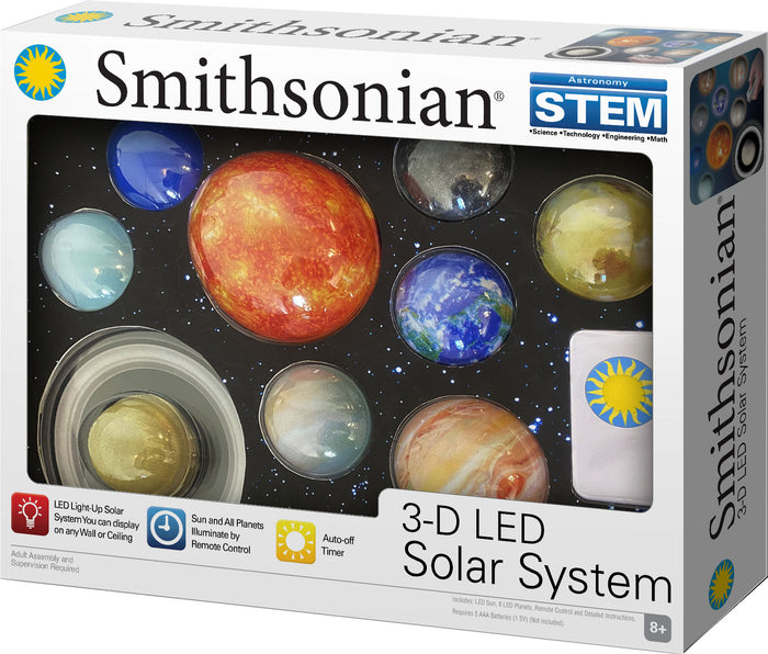 The Smithsonian 3D LED Solar System by Smithsonian features glowing planets, an illuminated Sun, remote control, and info for wall or ceiling display; perfect STEM gift for ages 8+.