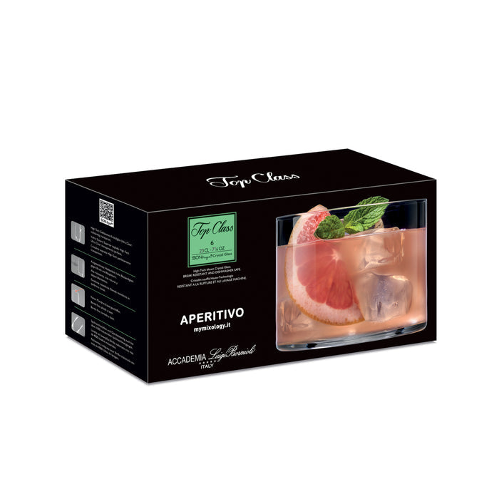 Top Class Aperitivo glasses black box packaging with a glass filled with a cocktails on it. Box is standing on a white background.