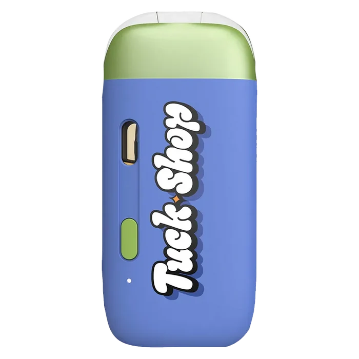 Top-down view of a blue and green Valley Girl Pure Cured Resin Disposable Vape showing its rounded cap, side window, and playful script logo.