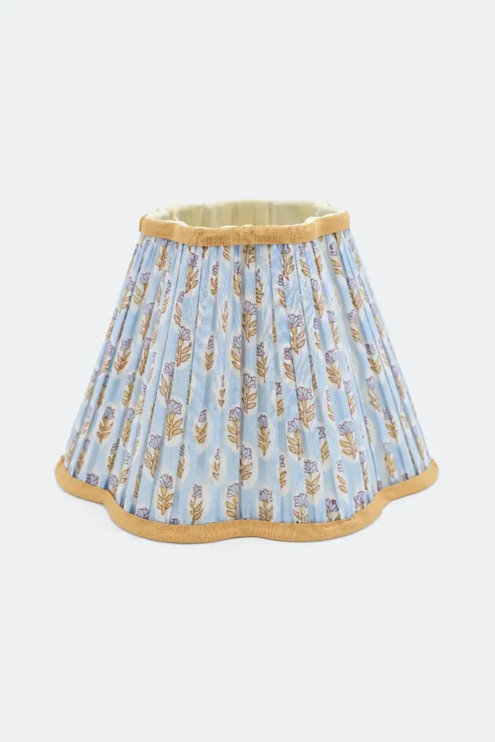 10” Pleated Scalloped Flower Lampshade — Blockprint in Sky B