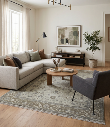 Antique-style Oushak area rug with gray and brown allover pattern, decorative border