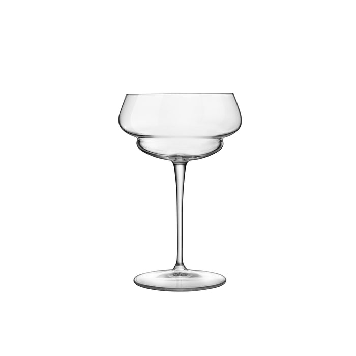 A clear Backdoor '20s Great Gatsby cocktail glass with a slim stem, made from high-tech crystal glass on a white background