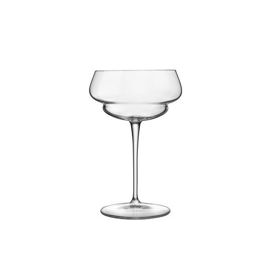 A clear Backdoor '20s Great Gatsby cocktail glass with a slim stem, made from high-tech crystal glass on a white background