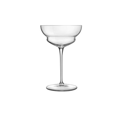 A clear Backdoor '20s Hemmingway Special cocktail glass with a slim stem and thin rim, made from high-tech crystal glass on a white background