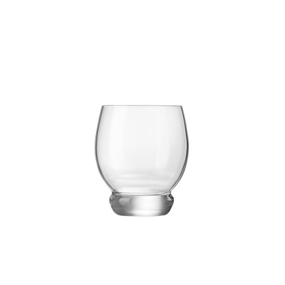 A single clear Backdoor '20 whiskey glass with a thick base and rounded design, made from high-tech crystal glass on a white background