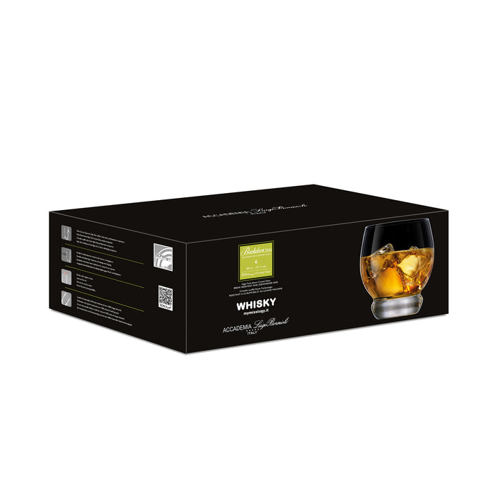 Black packaging box of Backdoor '20s whisky glasses on a white background