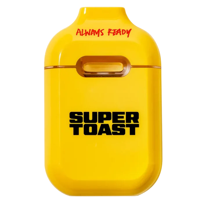 Front-facing view of a bright yellow Baja Bliss Liquid Diamonds Disposable Vape with "SUPER TOAST" bold text and "ALWAYS READY" at top