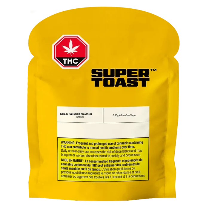 Front-facing shot of a yellow pouch labeled "SUPER TOAST" showing the Baja Bliss Liquid Diamonds Disposable Vape product name on a white info panel.