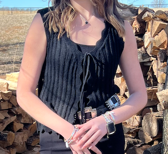 Black Sleeveless Front Tie Sweater Vest