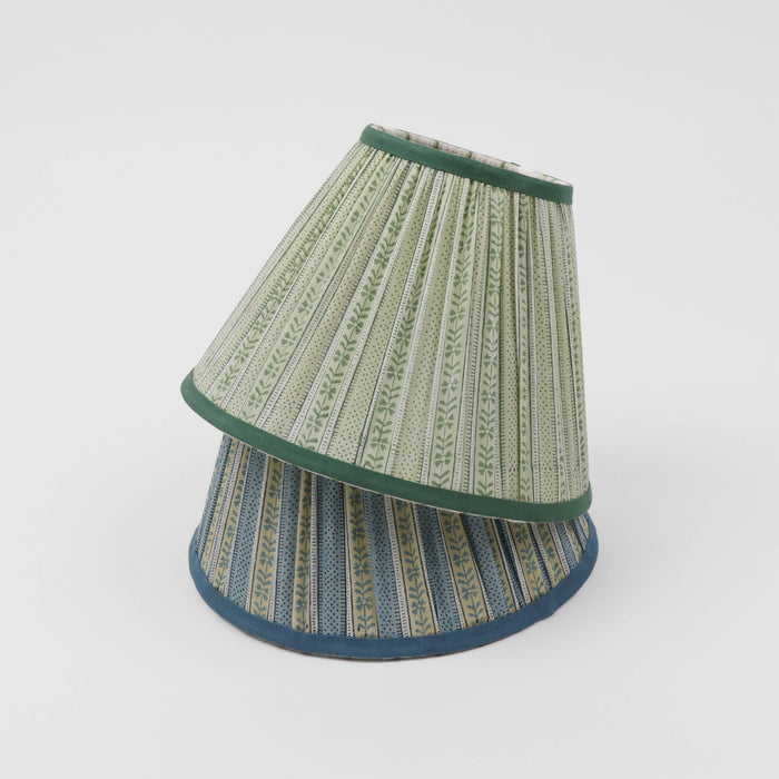 BLOCK PRINTED FABRIC PLEATED LAMPSHADE - GREEN FLORAL STRIPE