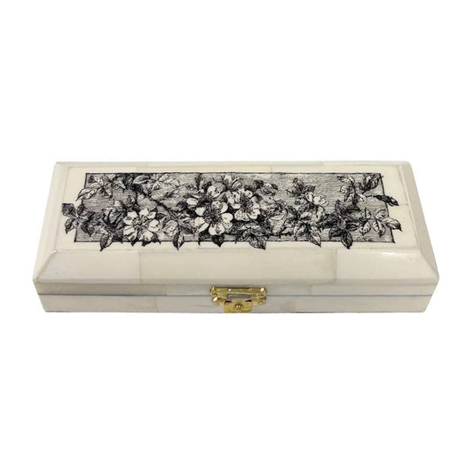 Blooming Rose Printed Ox Bone Postage Stamp Box, 6-1/4”