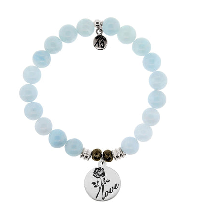 Blue Aquamarine Gemstone Bracelet with Rose Sterling Silver Charm T. Jazelle