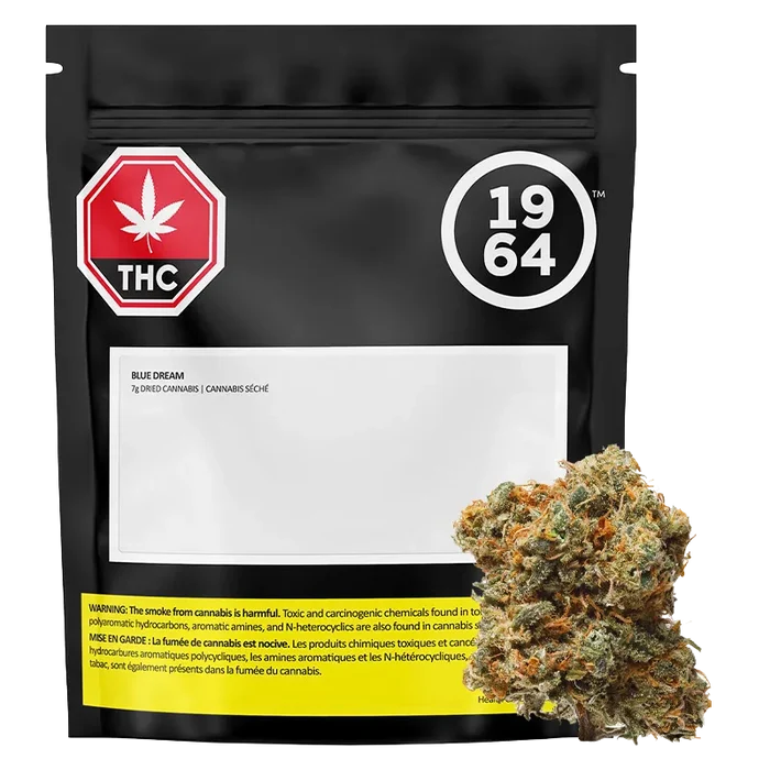 Front-facing image of the 1964 Blue Dream pouch with a 7 g bud shown at lower right against a white background.