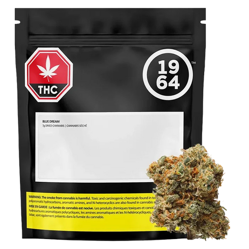 Front-facing image of the 1964 Blue Dream pouch with a 7 g bud shown at lower right against a white background.
