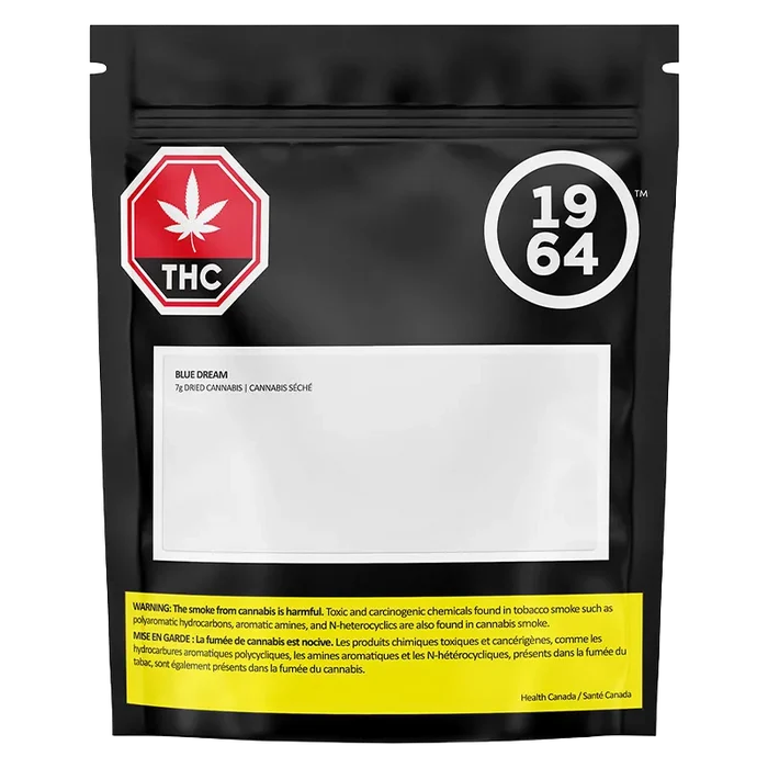 Front-facing shot of the Black bag labeled "Blue Dream" showing a white product label, red THC octagon, and yellow health warning.
