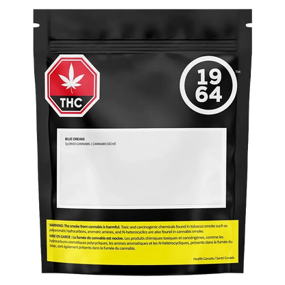 Front-facing shot of the Black bag labeled "Blue Dream" showing a white product label, red THC octagon, and yellow health warning.