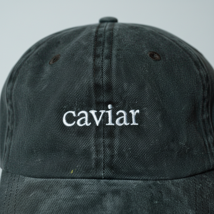 Close-up of caviar embroidery on Feste dad cap