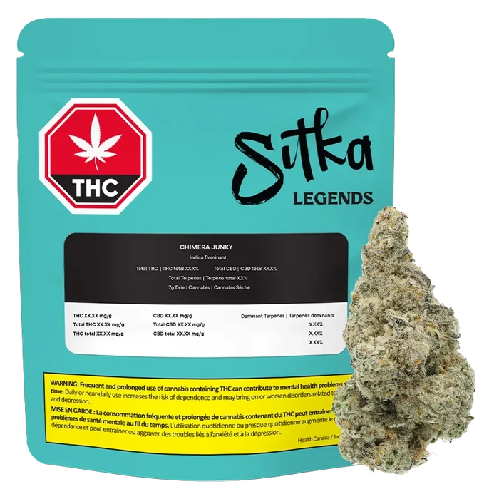 Front-facing turquoise pouch and a close-up bud to its right labeled "Sitka Legends Chimera Junky" with a THC warning strip along the bottom.