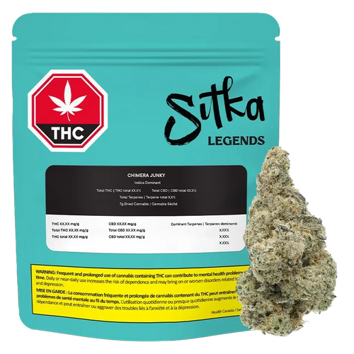 Front-facing turquoise pouch and a close-up bud to its right labeled "Sitka Legends Chimera Junky" with a THC warning strip along the bottom.