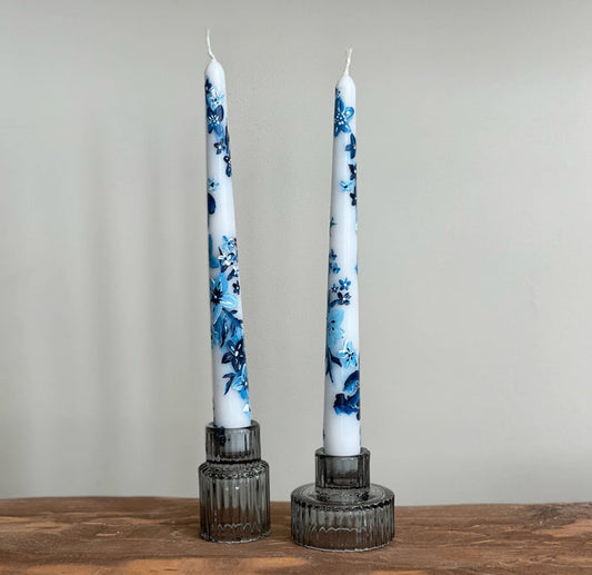 Chinoiserie Inspired Hand Painted Blue and White Tapers