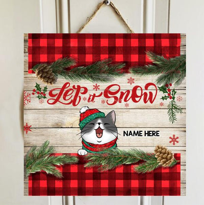 Christmas Door Decorations, Gifts For Cat Lovers, Let It Snow Welcome Door Signs, Red Plaid & Pine Leaves Background , Cat Mom Gifts