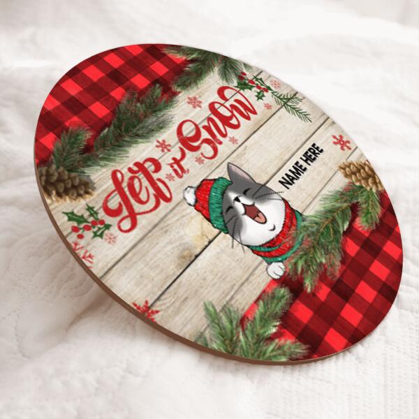 Christmas Door Decorations, Gifts For Cat Lovers, Let It Snow Welcome Door Signs, Red Plaid & Pine Leaves Background , Cat Mom Gifts