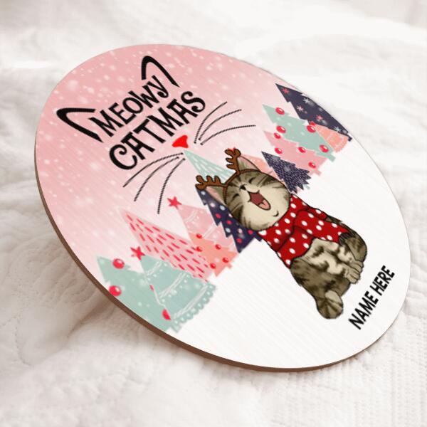 Christmas Door Decorations, Gifts For Cat Lovers, Meowy Catmas Pine Trees & Pink Background Welcome Door Signs , Cat Mom Gifts