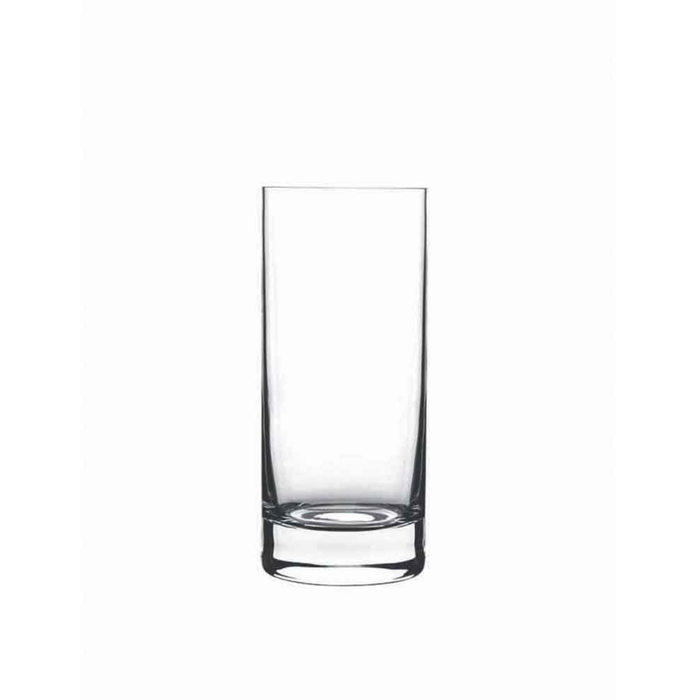 A clear Classico Long Drink Highball glass by Luigi Bormioli on a white background