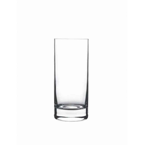 A clear Classico Long Drink Highball glass by Luigi Bormioli on a white background