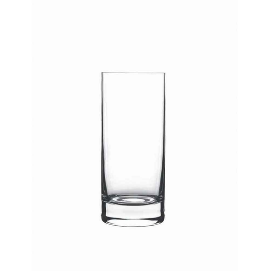 A clear Classico Long Drink Highball glass by Luigi Bormioli on a white background