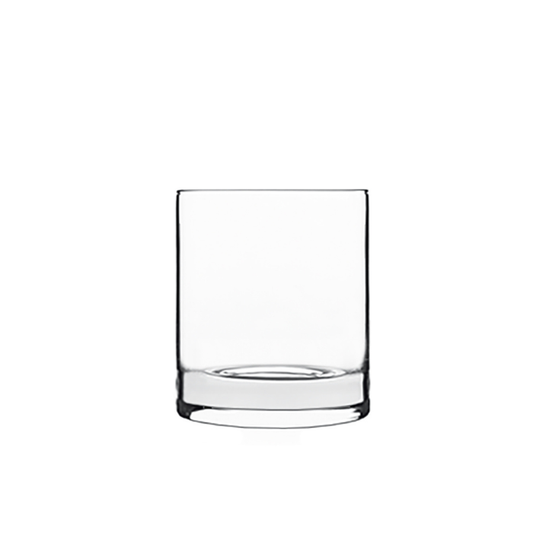 A clear Classico Water / Rocks glass by Luigi Bormioli on a white background