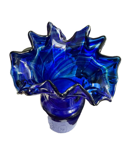 Cobalt Glass Blue Ruffled Top Flower Vase - Nice Thick Glass - Hand Blown