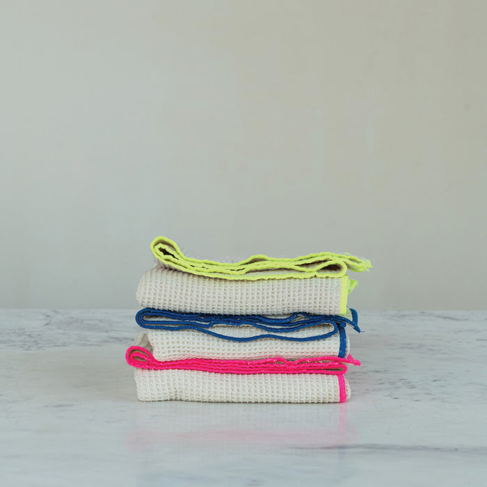 Cotton Blend Waffle Weave Tea Towel with Neon Trim