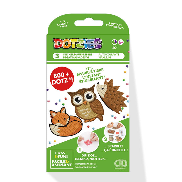 Diamond Dotz Forest Friends Sticker Kit by Diamond Dotz includes owl, hedgehog, and fox stickers for ages 6+, with 800+ colorful dots. Sparkle up your crafts easily—all instructions included!.