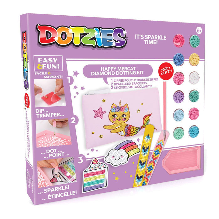 The Diamond Dotz Mercat Activity Set by Diamond Dotz is a fun craft kit for ages 6+ with a zippered pouch featuring a mercat design, 2 bracelets, 2 sticker sheets, colorful diamond dots, and a stylus for creative decorating.
