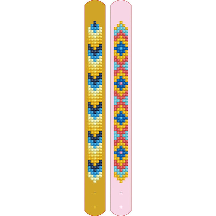 Two vertical beaded bracelet patterns: one with yellow, blue, and white chevrons; the other with pink and colorful diamonds—ideal for kids crafts or pairing with your Diamond Dotz Mercat Activity Set from Diamond Dotz.