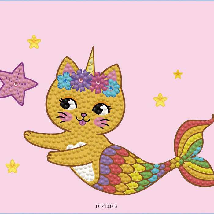 The Diamond Dotz Mercat Activity Set by Diamond Dotz features a cute mercat with a cat head, unicorn horn, and rainbow mermaid tail among stars on pink. This diamond dotting kit is the perfect creative craft set for kids!.