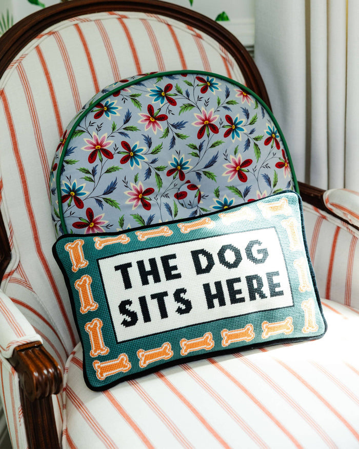 Dog Sits Here Needlepoint Pillow