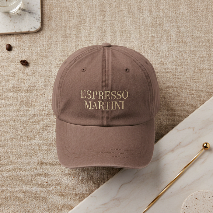 Espresso Martini Embroidered Dad Cap flat lay by Feste