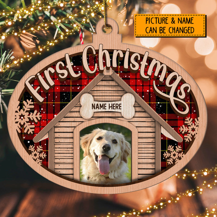 First Christmas Red Plaid Custom Photo Ball Shaped Wooden Ornament - Personalized Dog & Cat Lovers Christmas Ornament