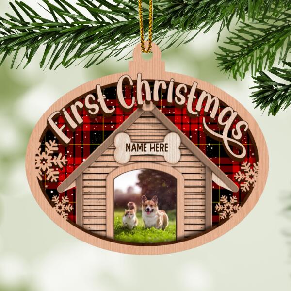 First Christmas Red Plaid Custom Photo Ball Shaped Wooden Ornament - Personalized Dog & Cat Lovers Christmas Ornament