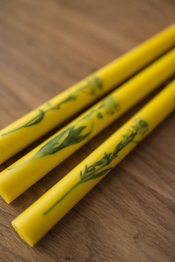 Floral Inlaid Tapered Candles in Yellow